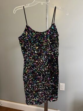 Sequin Spaghetti-Strap Mini Dress in Iridescent Black
